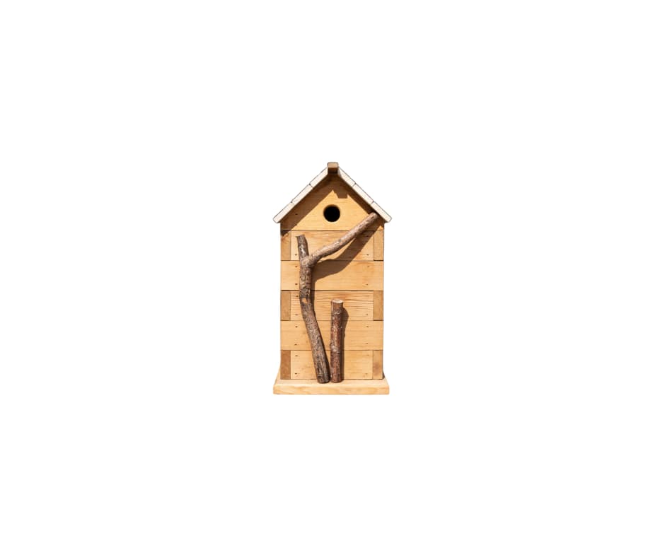 Handcrafted wooden birdhouse with intricate details